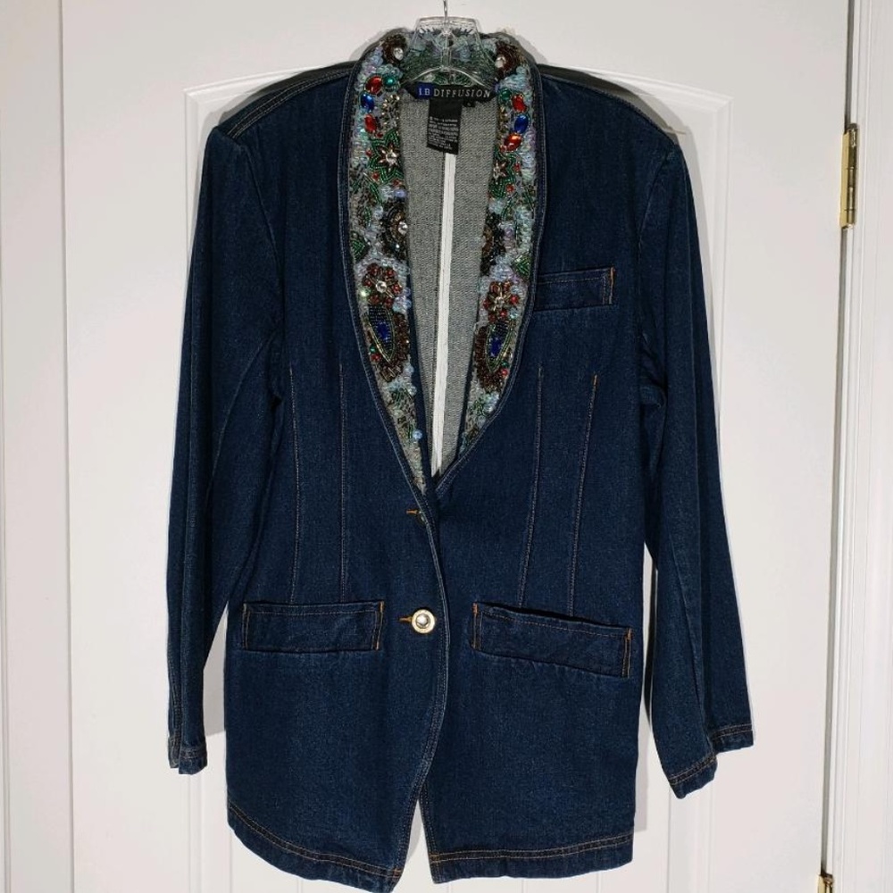 Vintage Denim jacket with sequins/ jeweled lapel